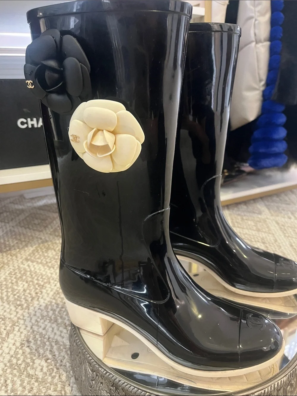 Authentic CHANEL Black Patent Rain Boots with Black and Cream Camellia